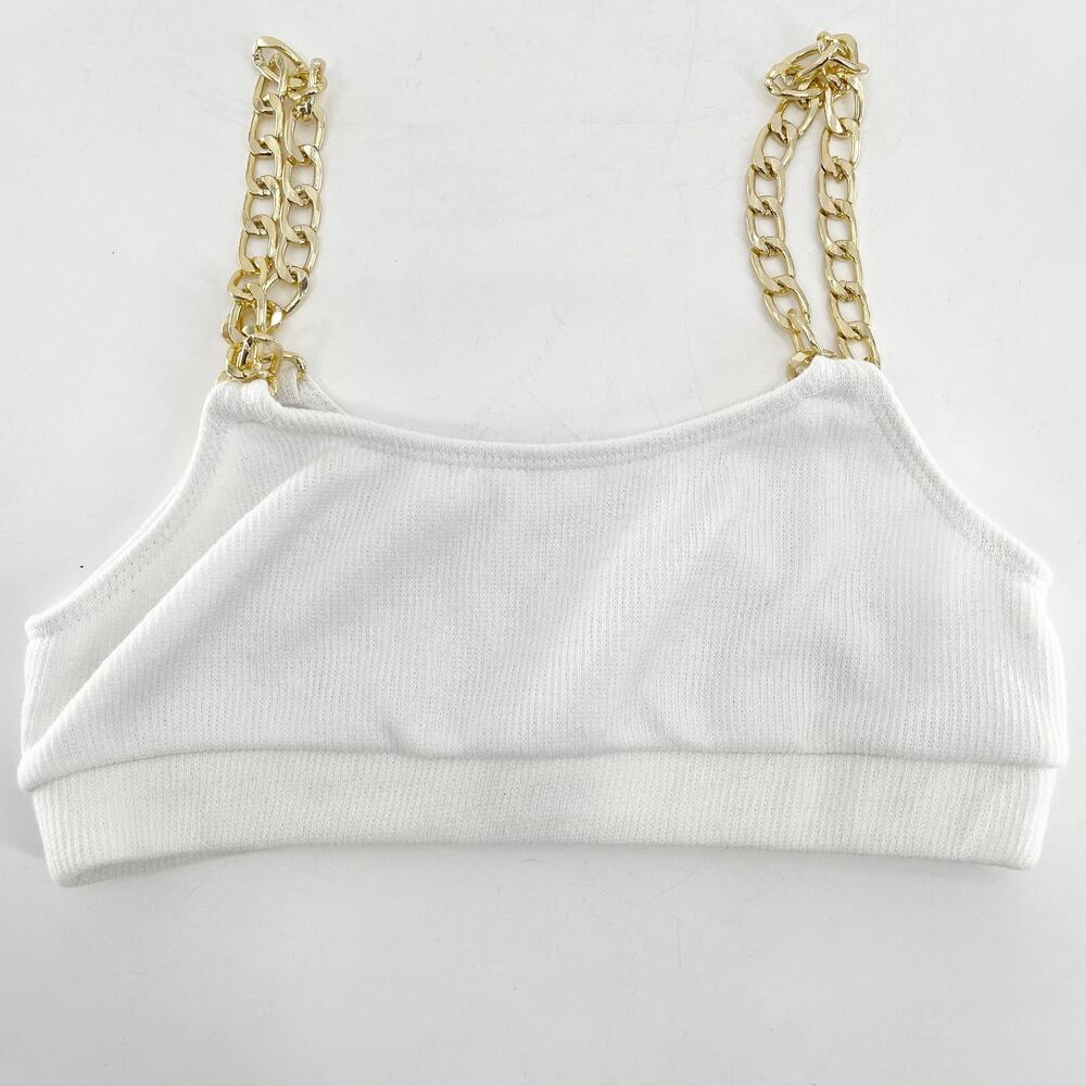 Shein Women's White Gold Chain Knit Scoop Neck Crop Bikini Swim‎ Top Size L